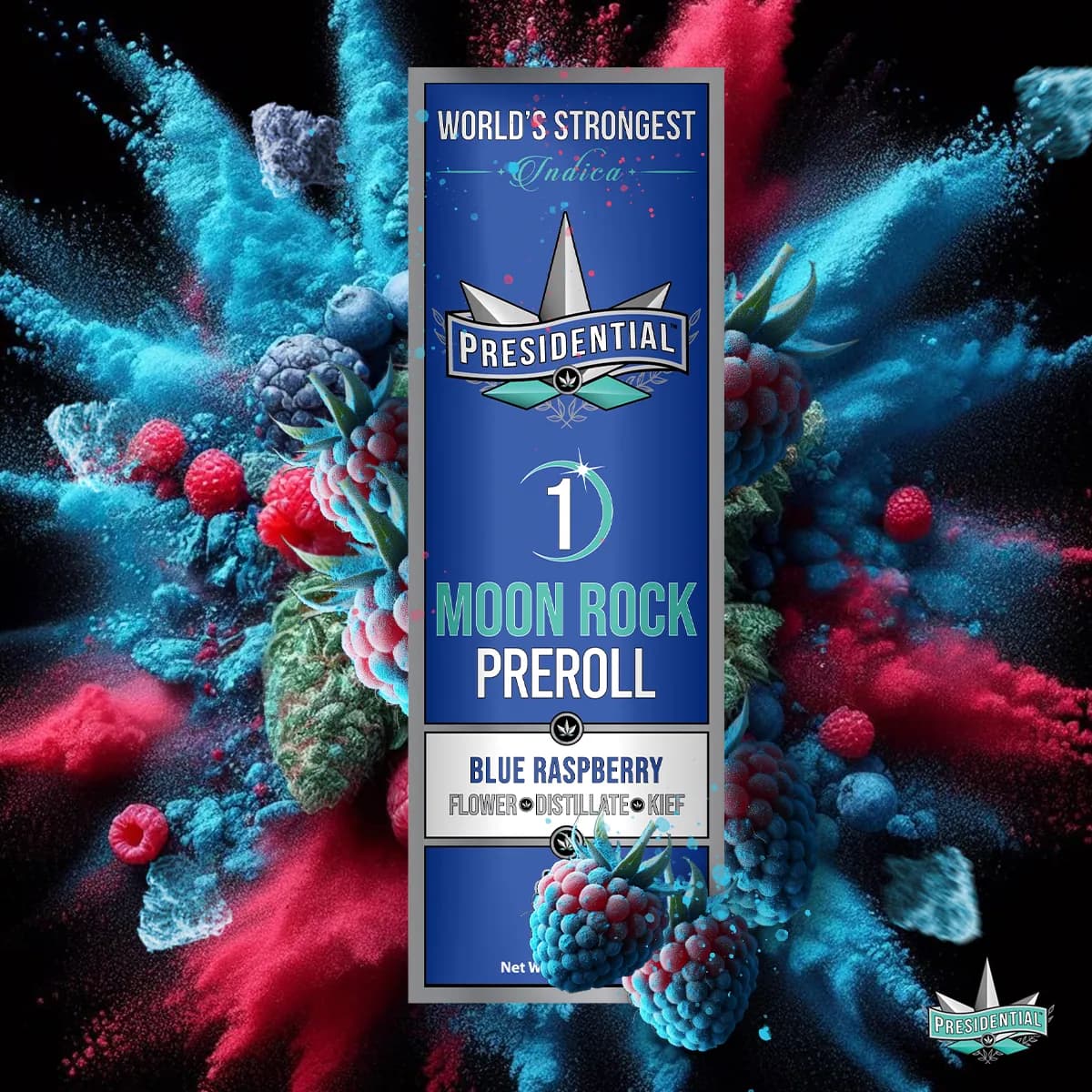 Presidential Blue Raspberry infused pre-roll package artwork