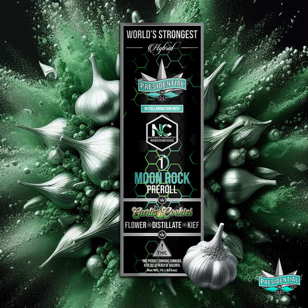 Presidential Garlic Cookie infused pre-roll package artwork