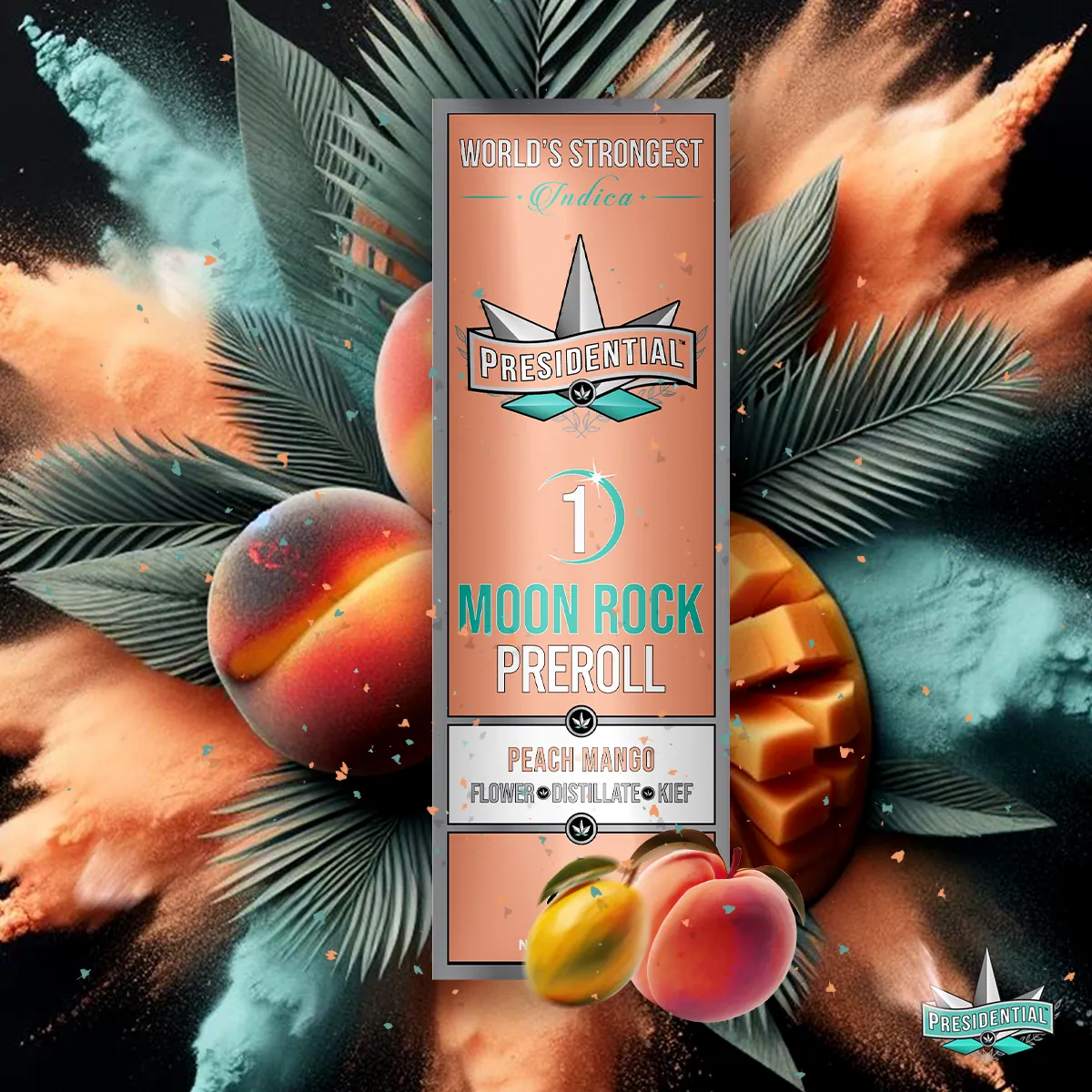 Presidential Peach Mango infused pre-roll package artwork