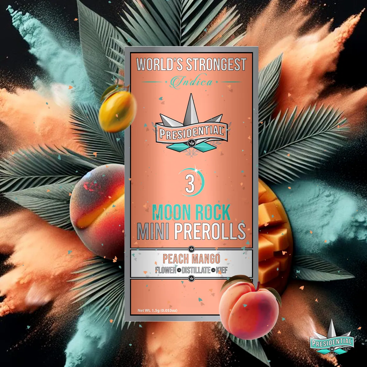 Presidential Peach Mango mini pre-roll package artwork
