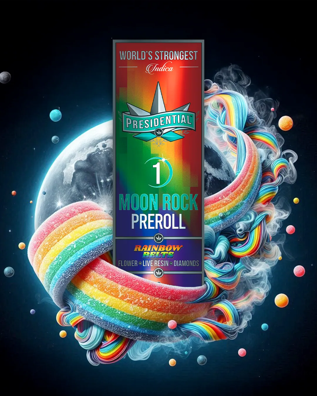 Presidential Rainbow Belts infused pre-roll package artwork