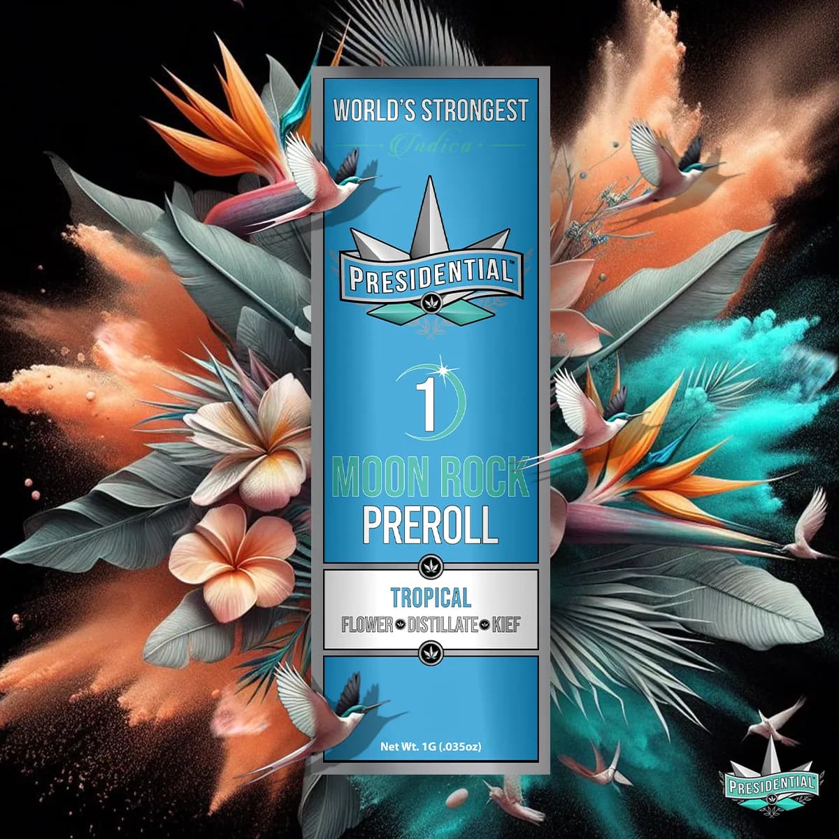 Presidential Tropical infused pre-roll package artwork