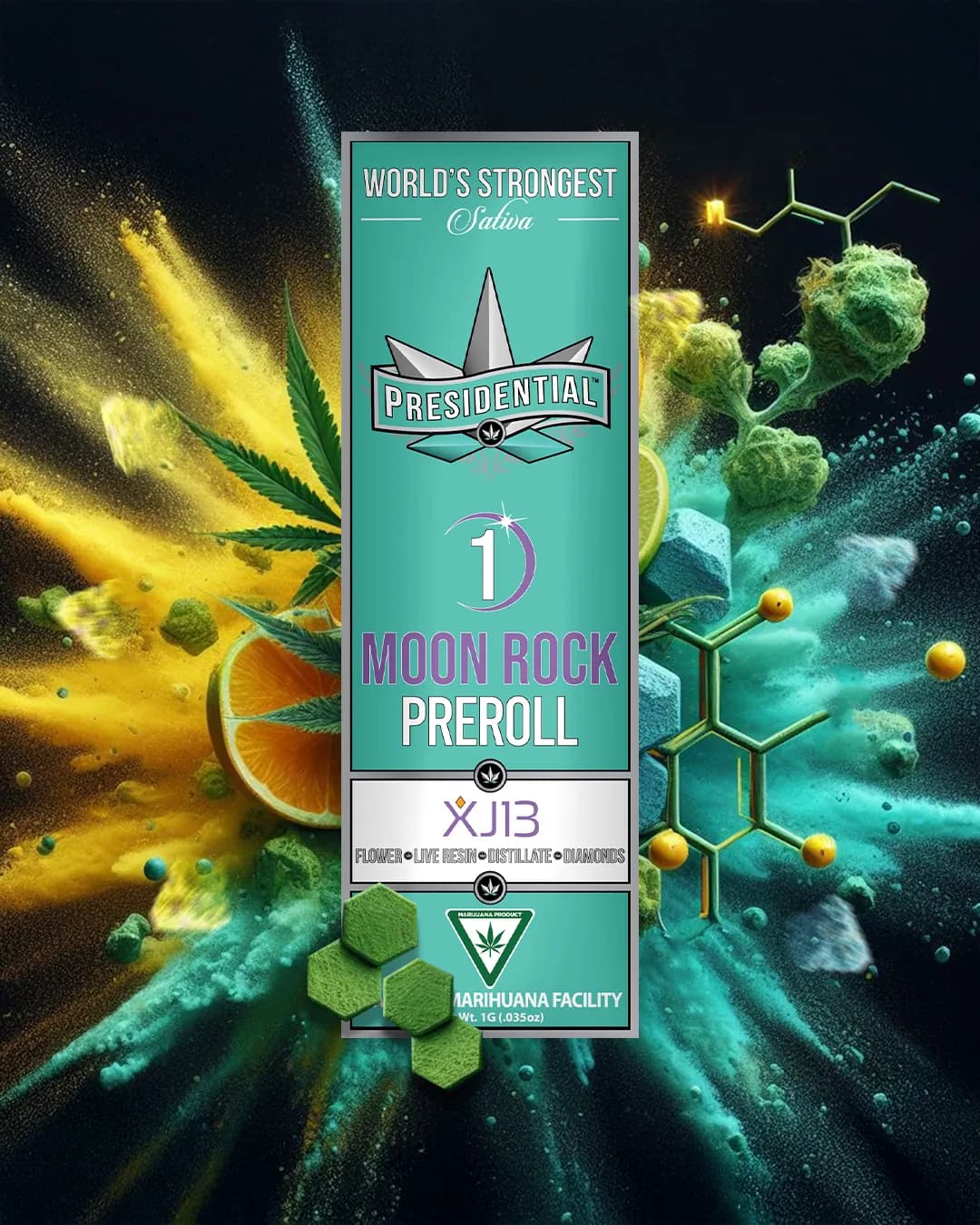 Presidential XJ-13 infused pre-roll package artwork